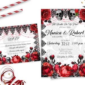Puede incluir: Invitaci&oacute;n de boda con un dise&ntilde;o de encaje negro y rosas rojas. El texto dice "Till Death Do Us Part" y "Monica & Robert Williams Andrews" con la fecha "October 31st 3:00 pm".
