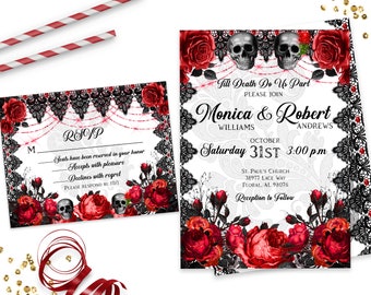 Halloween Wedding Invitation, Gothic Halloween Wedding Invitations, October Wedding Invite, Skull Wedding, Gothic Invitation Set, ID189