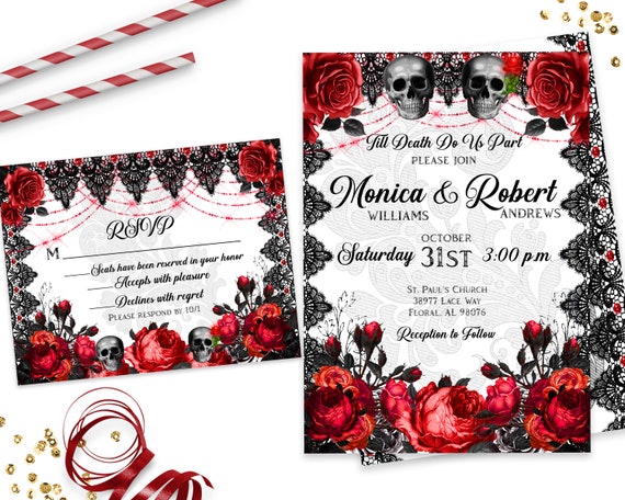 Halloween Wedding Invitation, Gothic Halloween Wedding Invitations, October Wedding Invite, Skull Wedding, Gothic Invitation Set, ID189