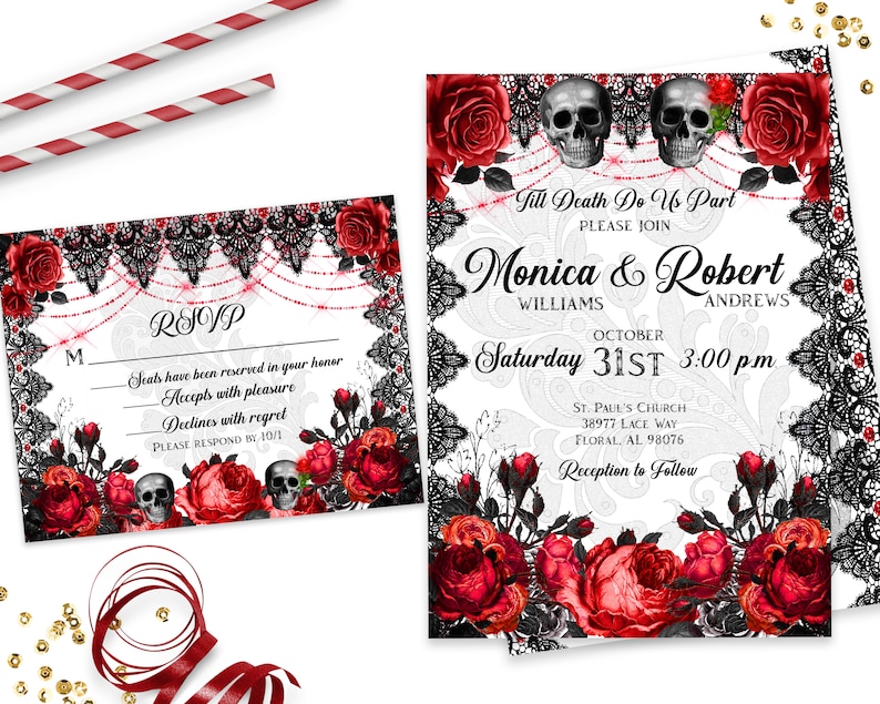 Puede incluir: Invitaci&oacute;n de boda con un dise&ntilde;o de encaje negro y rosas rojas. El texto dice "Till Death Do Us Part" y "Monica & Robert Williams Andrews" con la fecha "October 31st 3:00 pm".