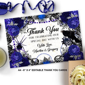 Biglietti di ringraziamento per matrimonio gotico blu modificabili Biglietti di ringraziamento per matrimonio gotico Biglietti di ringraziamento per matrimonio di ottobre Biglietti di apprezzamento per streghe ID190