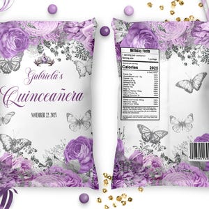 May include: Purple and silver favour bags with a floral design and butterflies. The bags have the text "Gabriela's Quinceañera" and the date "November 22, 2023".