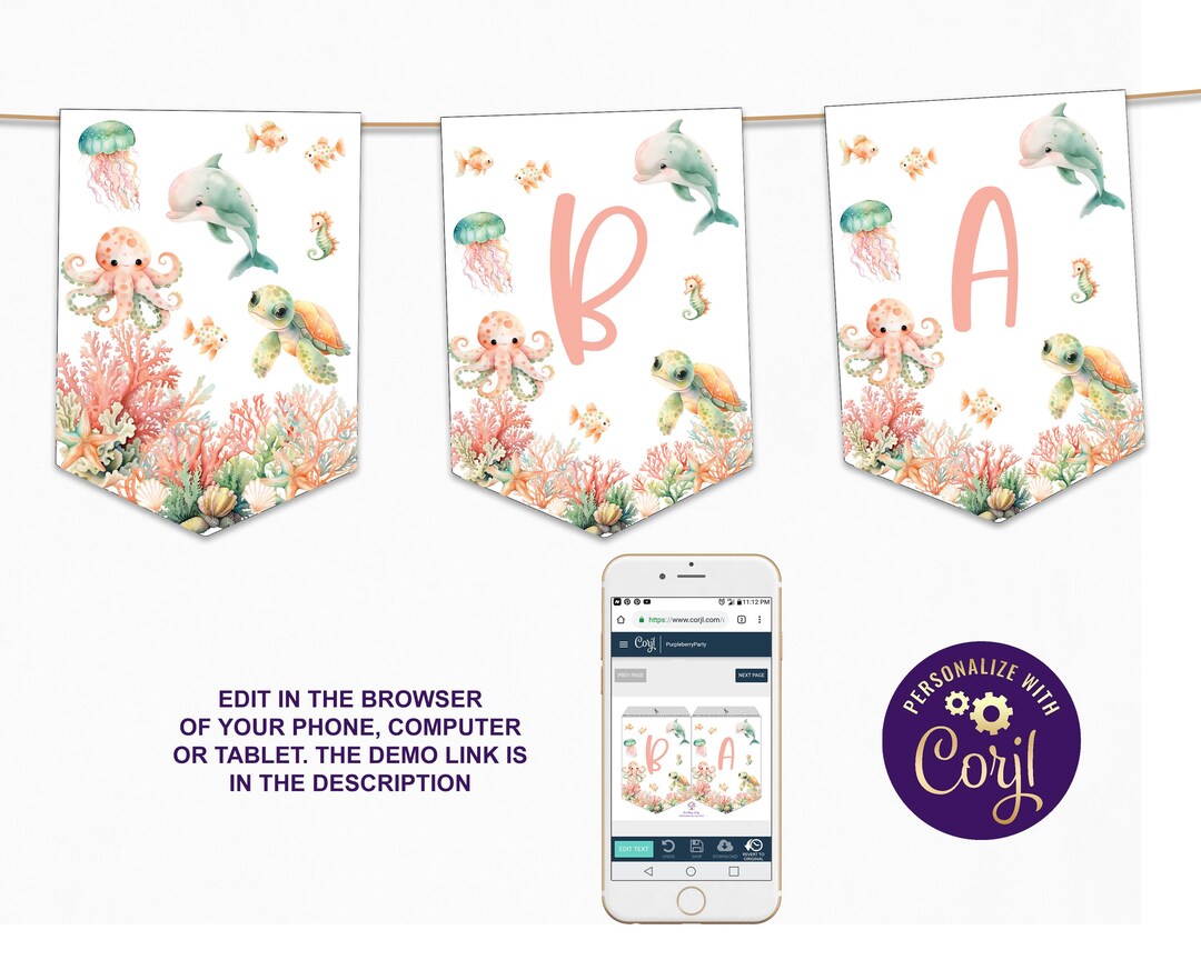 Editable Under the Sea Baby Shower Banners Girl Pastel Ocean Theme ...