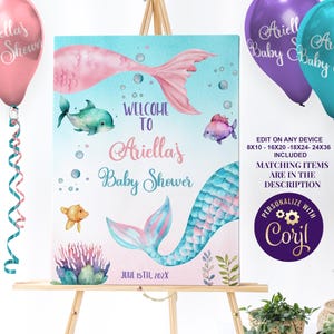 Mermaid Baby Shower Welcome Signs Nautical Sea Mermaid Under the Sea Watercolor Elegant Mermaid Tails Mermaid Party Decorations ID101