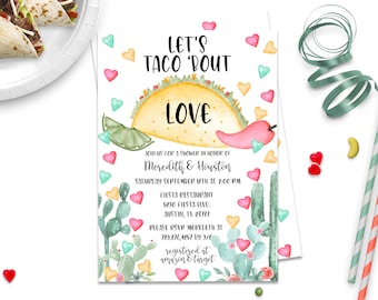 Editable Taco Bout Love Couples Shower Fiesta Bridal Shower Invitation Mexican Cactus Hearts Digital Download Corjl Template Printable ID185