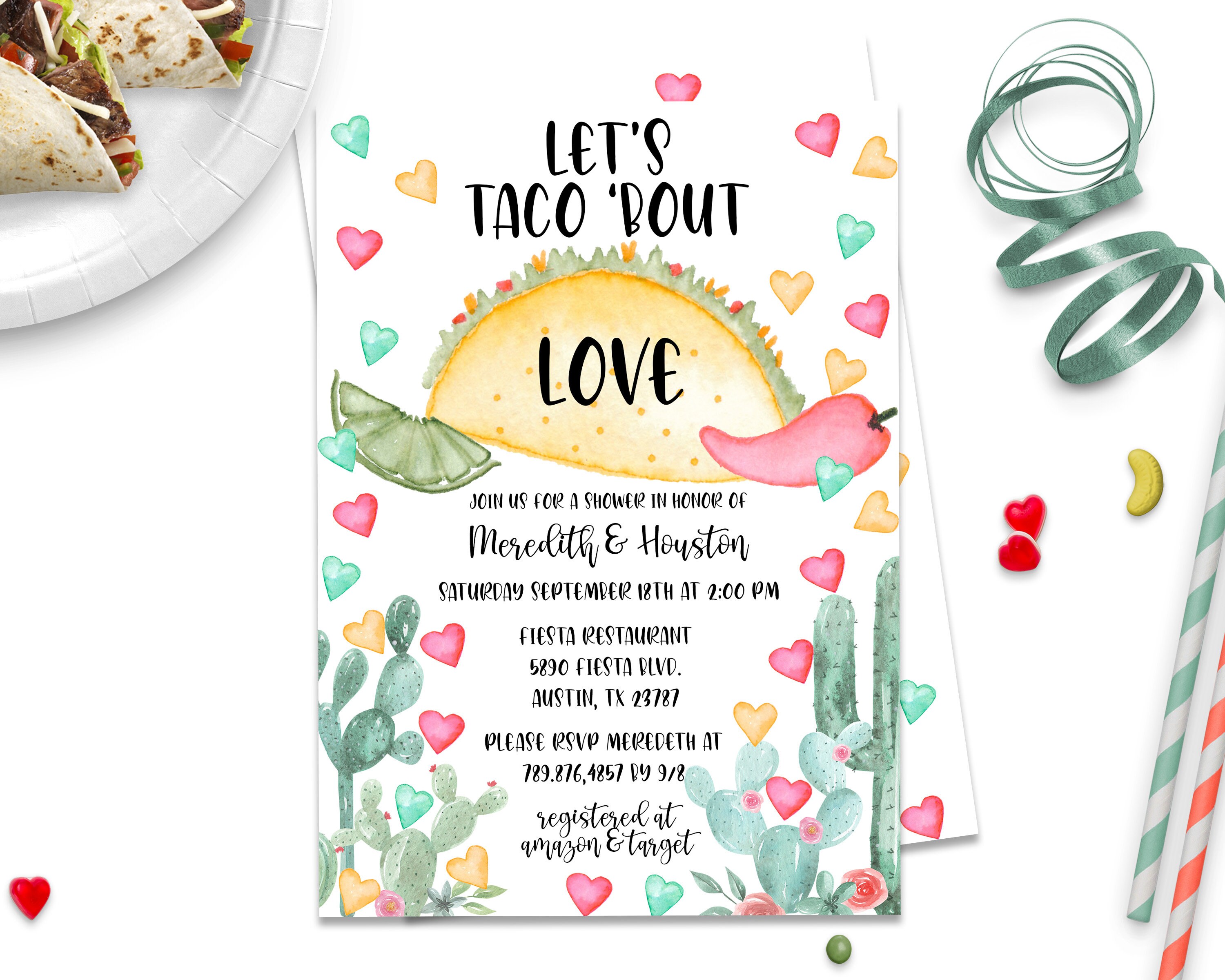 Editable Taco Bout Love Couples Shower Fiesta Bridal Shower Invitation Mexican Cactus Hearts Digital Download Corjl Template