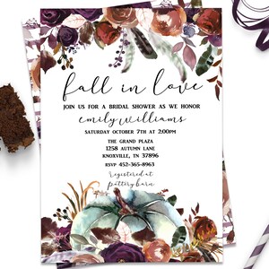 Fall Bridal Shower Pumpkin Invitation, Fall in Love Bridal Shower Invitation, Autumn Bridal shower Invite, Pumpkin Wedding Invites, ID153