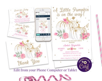 May include: A printable baby shower invitation with a white pumpkin with gold glitter and pink flowers. The text reads "A Little Pumpkin is on the way!" and includes the date, time, and location of the event. The invitation is decorated with a pink and gold ribbon.