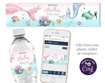 Etiquetas editables para botellas de agua de sirena, para el primer cumpleaños de la sirena, para el quinto cumpleaños, para la fiesta, para la botella con colas de acuarela bajo el mar, ID101
