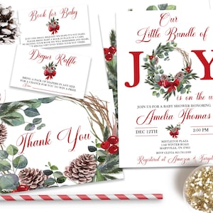Forfait d’invitation à la fête de bébé de Noël, ensemble d’invitation à la joie, baby shower d’hiver, douche de décembre, modèle modifiable, ID205