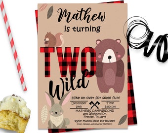 Editable Buffalo Plaid 2nd Birthday Invitation Second Birthday Two Wild Lumberjack Birthday Invite, ID142