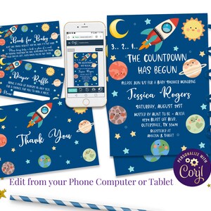 Forfait d’invitation à la fête de bébé sur le thème de l’espace, livre d’espace pour bébé, carte de tombola de couches spatiales, carte de remerciement de l’espace, ID160