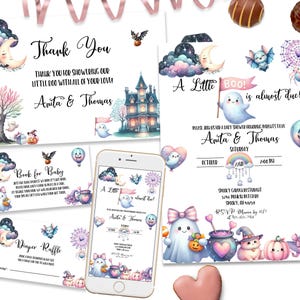 Halloween Baby Shower Invitation Bundle A Little Boo Almost Due Diaper Raffle Book Baby Thank You Card Co Ed Ghost Baby Shower Invites ID281