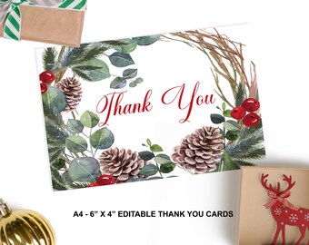 Editable Christmas Thank You Cards Holiday Notecards Winter Holly Thank Yous DIY Printable Digital Downloads, ID205