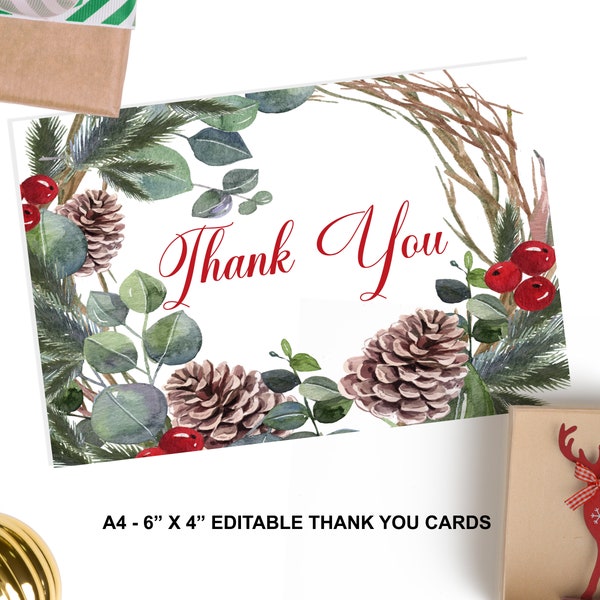 Editable Christmas Thank You Cards Holiday Notecards Winter Holly Thank Yous DIY Printable Digital Downloads, ID205
