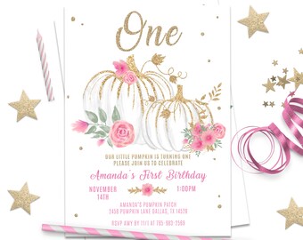 Editable Little Pumpkin First Birthday Invitation for Girls Gold and White Pumpkin Fall 1st Birthday Invite Pink Floral Template, ID201