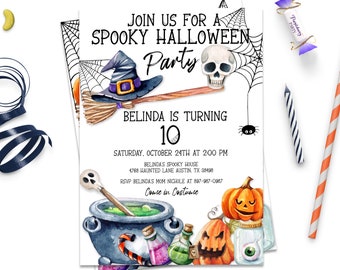 Cualquier edad, Invitaciones de cumpleaños de Halloween para niños, Invitaciones de cumpleaños de octubre, Fiesta de disfraces, Invitación de pumpkin bday, ID188