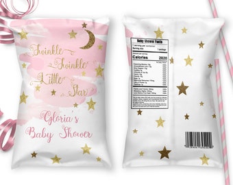 Twinkle Twinkle Little Star Pink Chip Bag Template Printable Custom Baby Shower Chip Bags Template Editable Download , ID155