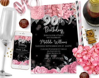 Editable 90th Birthday Invitation Pink Roses Silver Balloons Ninetieth Birthday Invites 90th bday Party ID233