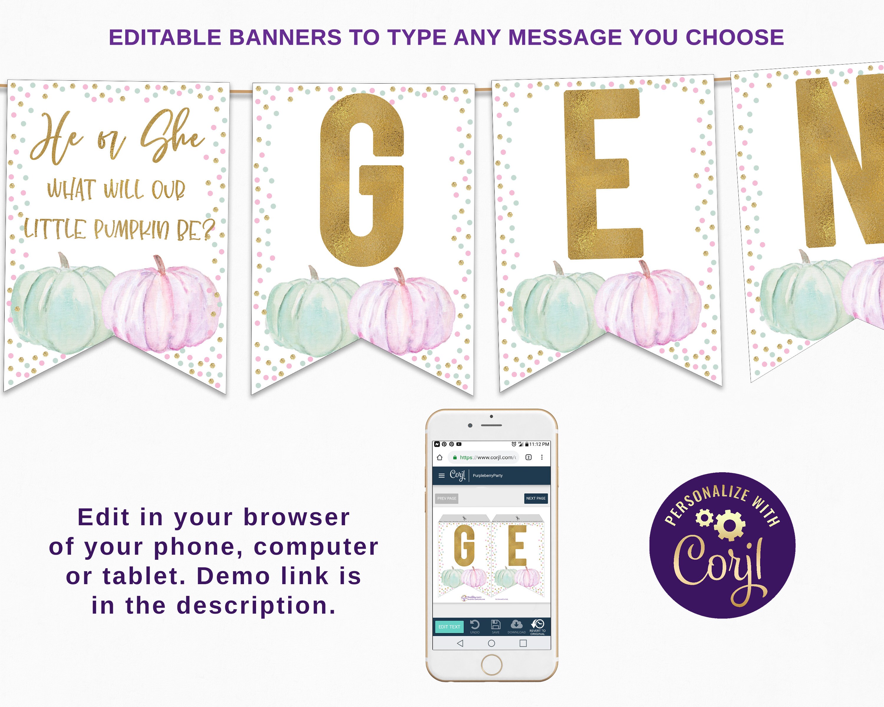 Gender Reveal Banner Fall Banner Gender Reveal Ideas Custom Gender Reveal Banner Printable Watercolor Pumpkin Garland Little