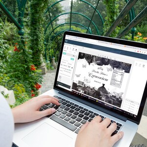 May include: A person using a laptop to design a label for a Quincea&ntilde;era celebration. The label features a black and white design with butterflies and the text "Amelia Marie's Quincea&ntilde;era".