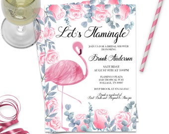 Flamingo Bridal Shower Invitation, Tropical Bridal Shower Invitation, Let's Flamingle, Flamingo Bridal Shower Invites, Summer Bridal, ID187