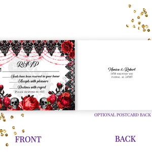 Puede incluir: Tarjeta RSVP con un dise&ntilde;o de encaje negro y rosas rojas. El texto de la tarjeta dice: "Se han reservado asientos en su honor. Acepta con gusto. Rechaza con pesar. Por favor, responda antes del 10/1."
