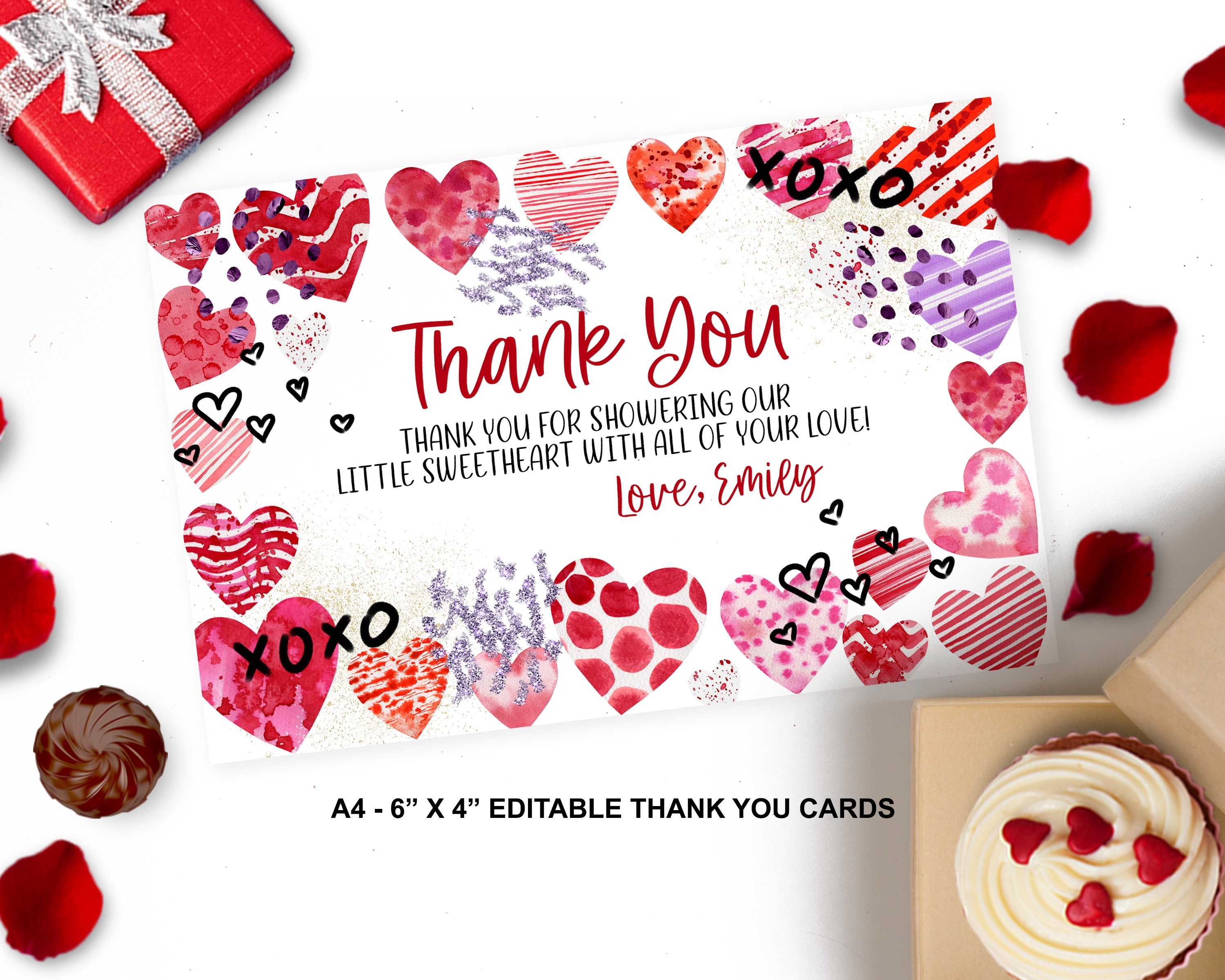 Editable Valentines Day Thank You Cards Heart Baby Shower Thank You ...