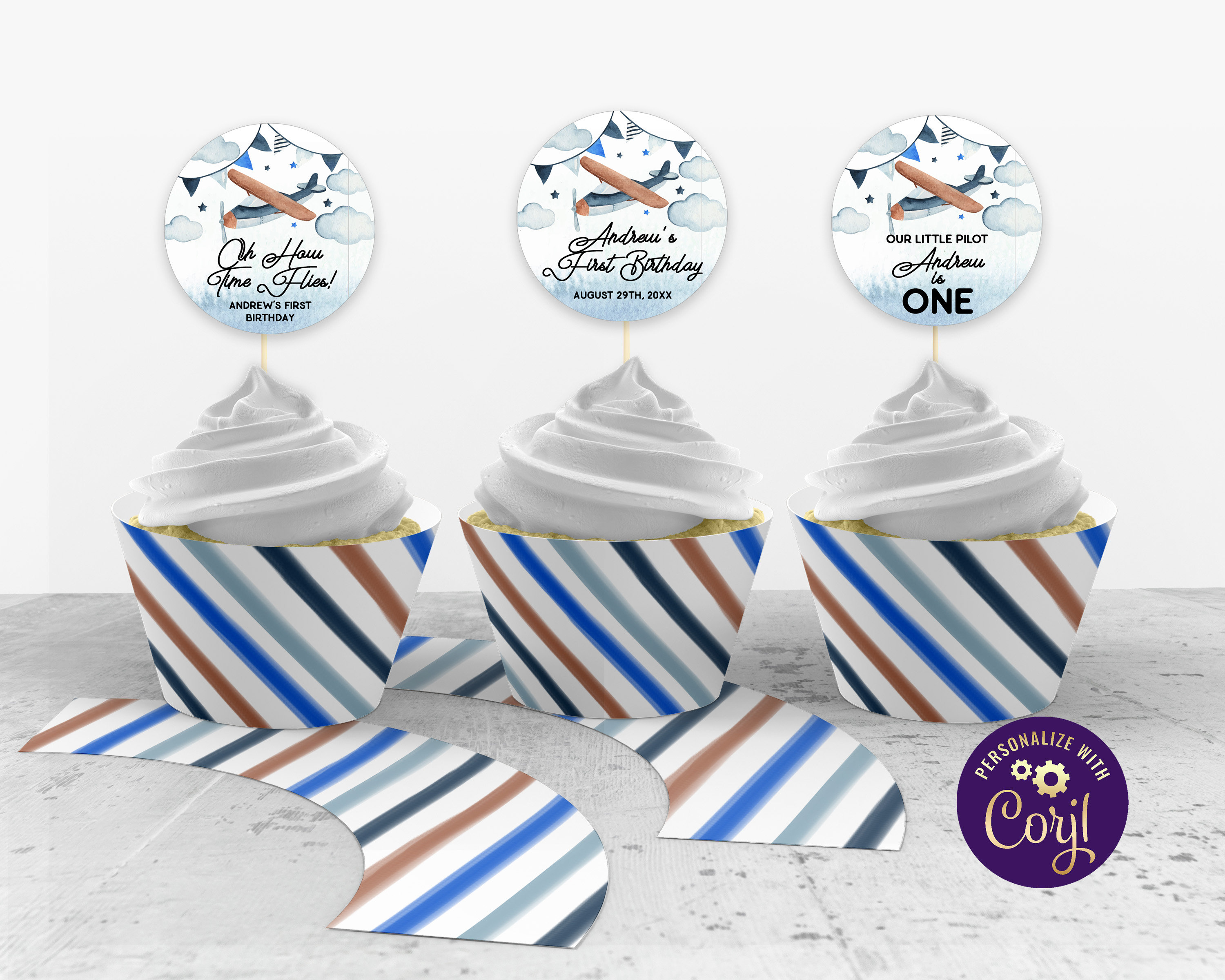 Airplane Birthday Cupcake Toppers and Cupcake Wrappers Time Flies Toppers Airplane Cupcakes Plane Cupcake Topper Up Up and
