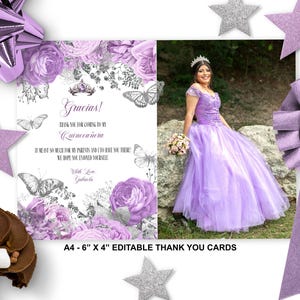 Cartes de remerciement photo lilas modifiables de Quinceanera avec fleurs lilas et papillons argentés Notes de coing Gracias 15e anniversaire ID103
