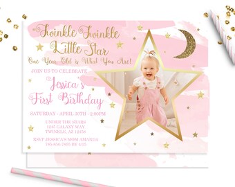 Twinkle Twinkle Little Star First Birthday Invitation, Girl First Birthday Invitation, Pink and Gold Photo Invite, ID155