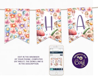 Fairy First Birthday Banner Editable 1st Birthday Fairy Banner Enchanted Fairy Garden Bday Banners ID196