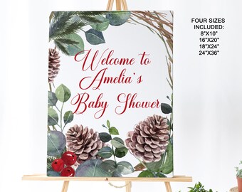 Può includere: Un cartello di benvenuto per la baby shower di Amelia con una ghirlanda ad acquerello di pigne, foglie di eucalipto e bacche rosse. Il cartello è disponibile in quattro dimensioni: 8x10 pollici, 16x20 pollici, 18x24 pollici e 24x36 pollici.