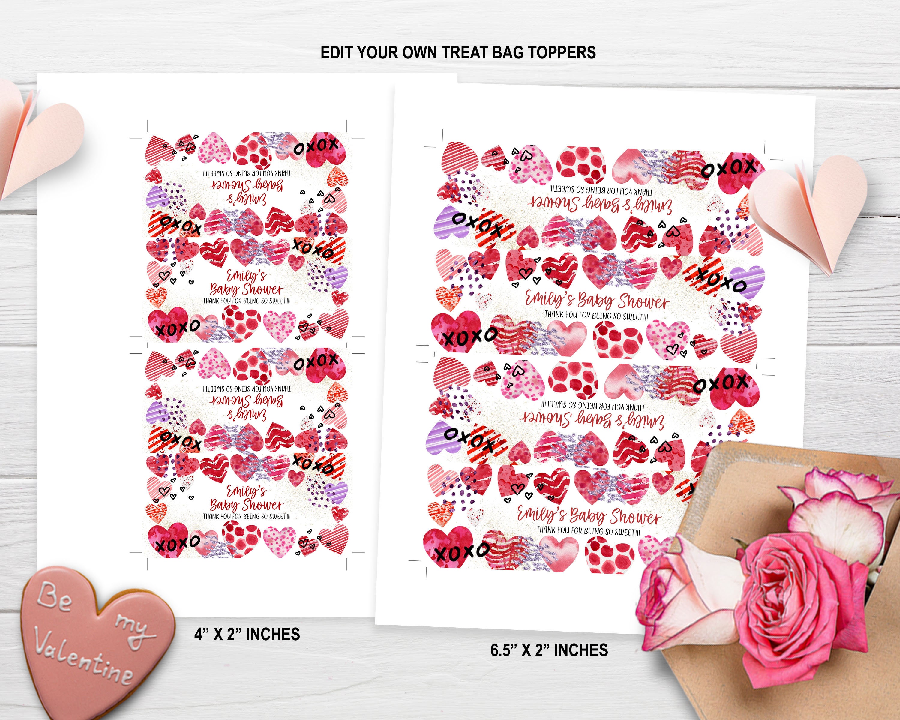 Valentines Day Treat Bag Toppers Watercolor Hearts Gift Bag Labels ...