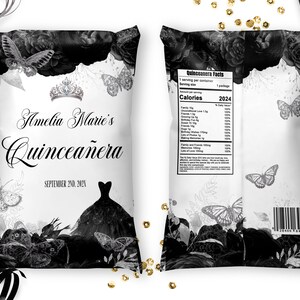 May include: Black and white party favour bags with a floral design and butterflies. The bags have the text "Amelia Marie's Quincea&ntilde;era" and "September 2nd, 202X".