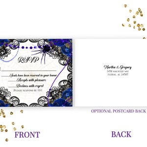 May include: A Halloween-themed RSVP postcard with a spider web design, blue roses, and a spider graphic. The front reads "RSVP" and includes fill-in-the-blank lines. The back has an address and the text "Optional Postcard Back."
