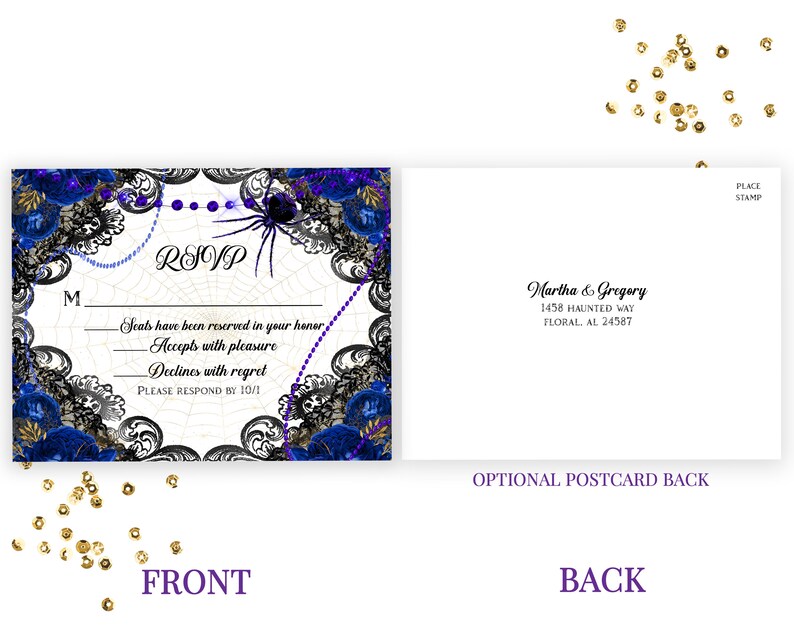 May include: A Halloween-themed RSVP postcard with a spider web design, blue roses, and a spider graphic. The front reads "RSVP" and includes fill-in-the-blank lines. The back has an address and the text "Optional Postcard Back."