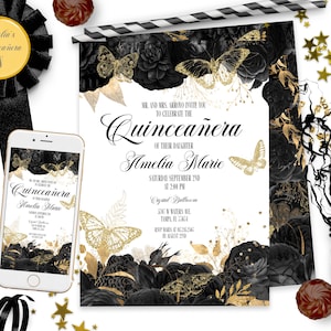 Black Roses and Gold Butterflies Quinceanera Invitations Template and Digital Quinceanera Evite Sweet 15 Birthday Invite ID197