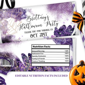 Fioletowa akwarela Halloween Hershey&#39;s Czekolada Opakowanie Edytowalne Halloween Party Cukierki Etykiety Dorosłe Halloween Party Dekoracje ID261