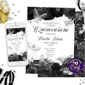 Black Roses and Silver Butterflies Quinceanera Invitations Template and Digital Quinceanera Evite Sweet 15 Birthday Invite ID195