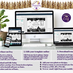 May include: A computer screen showing a digital template for a Quincea&ntilde;era party favour label. The label has a black and white design with butterflies and a dress. The text on the label reads "Quincea&ntilde;era". The screen is surrounded by a gold tassel garland.