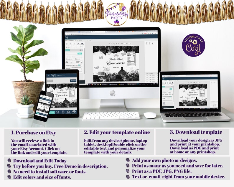 May include: A computer screen showing a digital template for a Quincea&ntilde;era party favour label. The label has a black and white design with butterflies and a dress. The text on the label reads "Quincea&ntilde;era". The screen is surrounded by a gold tassel garland.