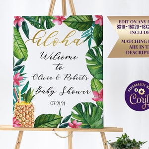 Tropical Baby Shower Welcome Sign Girl Aloha Baby Shower Luau Sign Tropical Party Decor Summer Party Decorations Editable Welcome Baby ID175