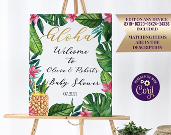 Könnte beinhalten: Ein tropisches Babyparty-Willkommenszeichen mit grünen Blättern, rosa Blüten und einer Ananas. Das Schild lautet "Aloha Willkommen zu Olivia & Roberts Babyparty 07.21.21".