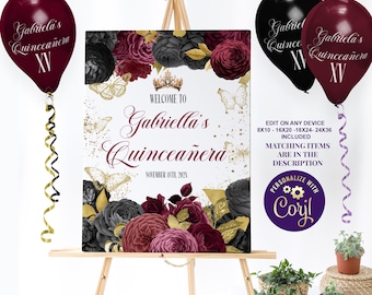 Bearbeitbares burgunder-schwarzes Quinceanera-Willkommensschild mit goldenen Schmetterlingen XV Quince Partyschild bearbeitbares burgundiges Blumen-Quince-Poster ID104