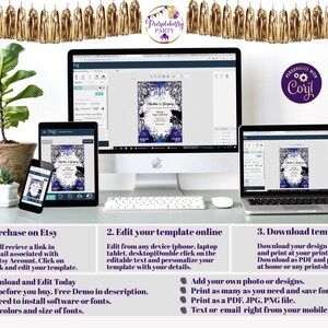 May include: A digital invitation template displayed on a desktop computer, tablet, and smartphone. The invitation features a blue and white floral design with the text "Martha & Gregory". Instructions for editing and downloading are also shown.