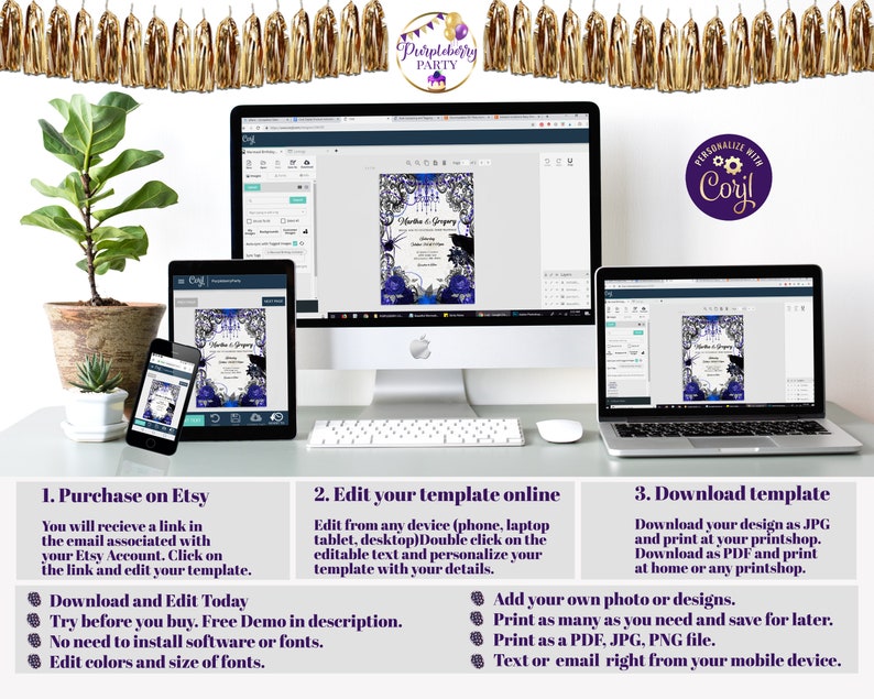 May include: A digital invitation template displayed on a desktop computer, tablet, and smartphone. The invitation features a blue and white floral design with the text "Martha & Gregory". Instructions for editing and downloading are also shown.