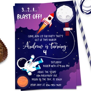 Editable Space Birthday Invitation Astronaut Rocket Outer Space Birthday Boy Blue Invitation Template Instant Download Corjl, ID159