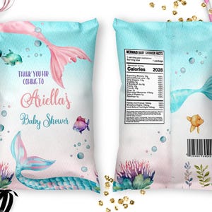 Editable Mermaid Baby Shower Chip Bags Template Printable Mermaid Decorations Watercolor Mermaid Tails Under the Sea Little Mermaid ID101