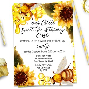 Bee Birthday Invitation, Sunflower Invitation, ID136